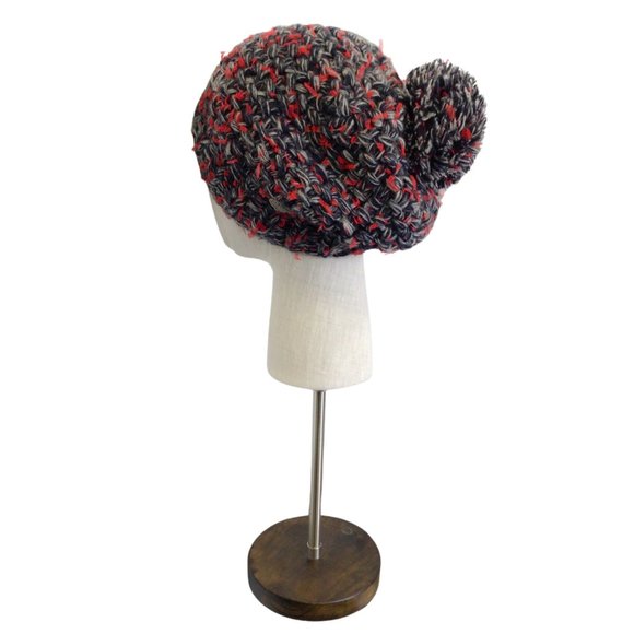 CHANEL RED / GREY / BLACK WOVEN CASHMERE AND SILK CHUNKY KNIT POM POM BEANIE / H - Picture 5 of 13